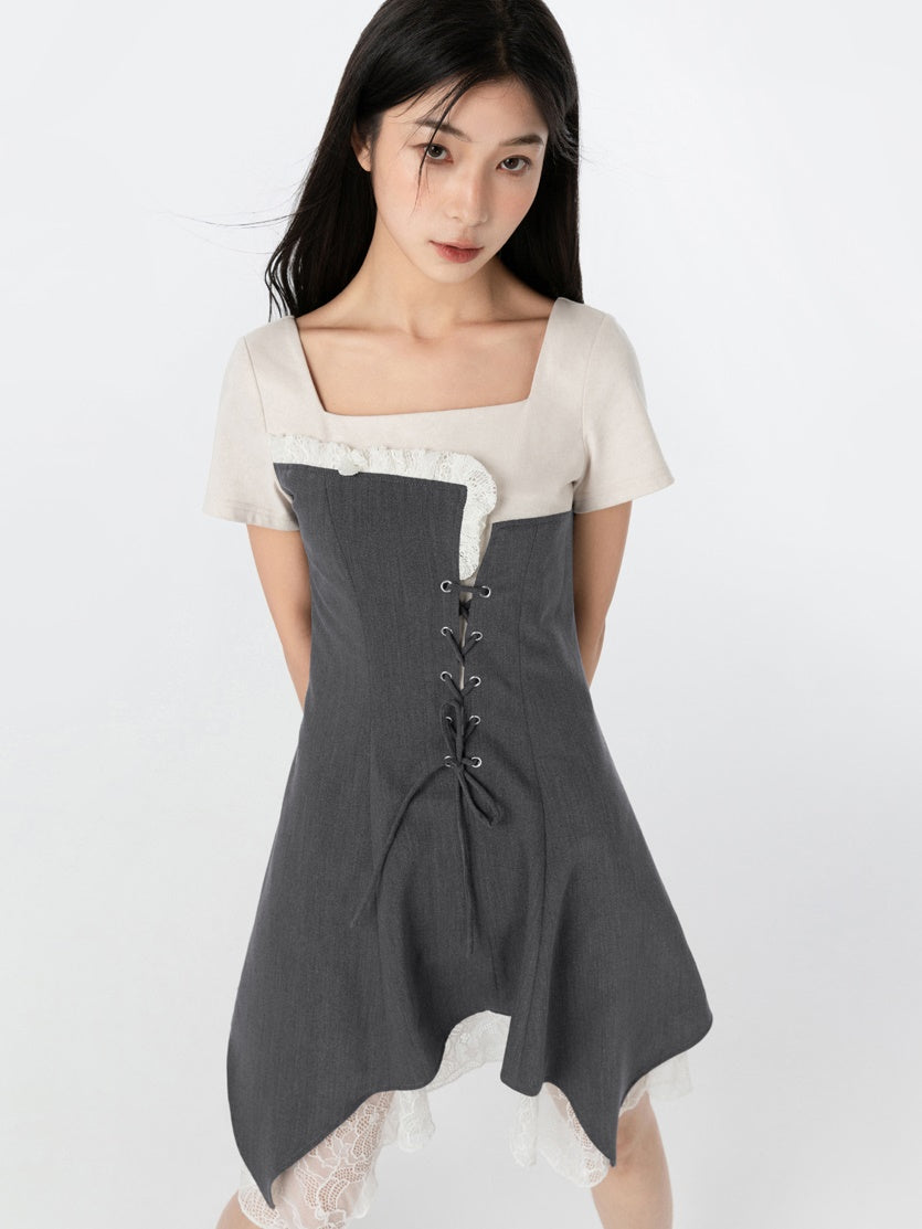 가짜 레이어 층 불규칙한 밑단 레이스 업 드레스