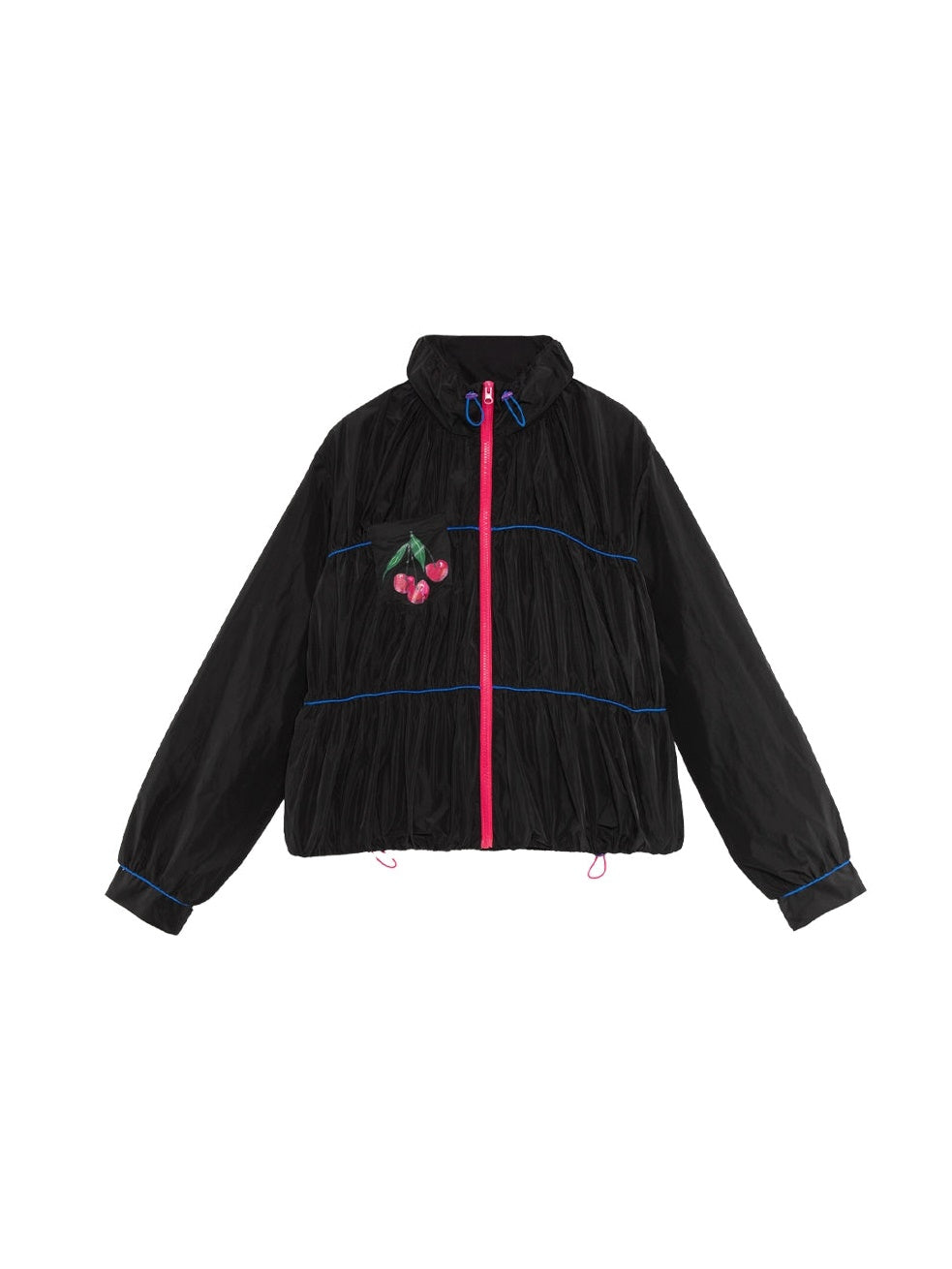 Retro Oil Painting Cherry Print Stand-Collar Jacket & Drawstring Skirt