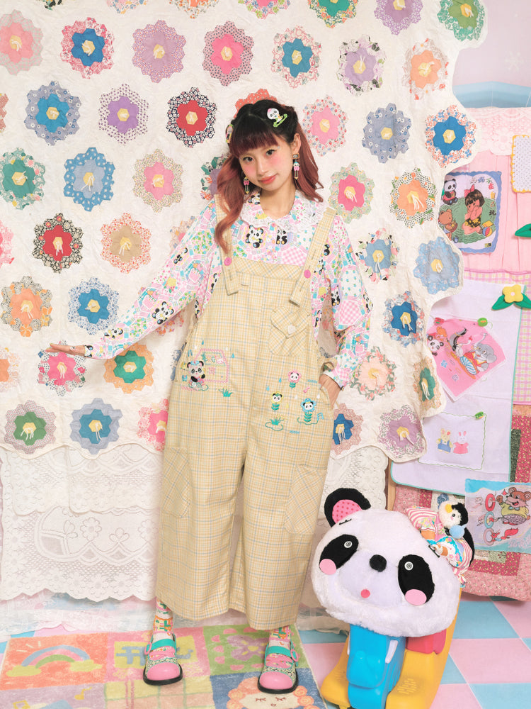 격자 무늬 팬더 자수 느슨한 바지