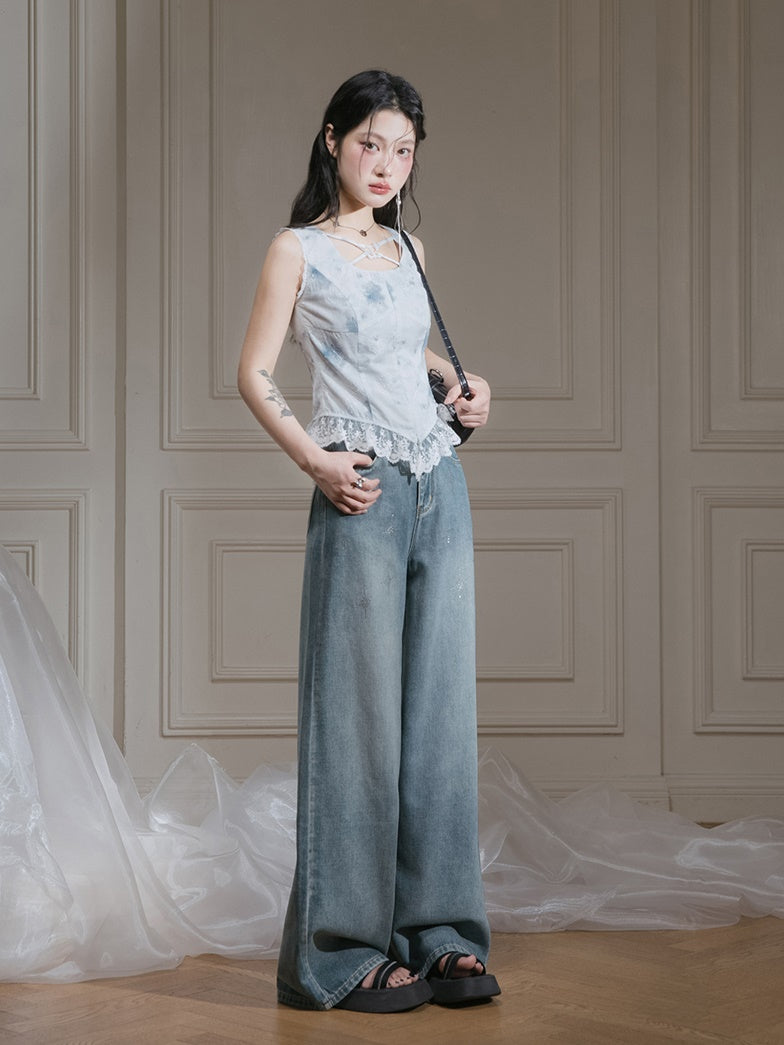 Rose Ink Printed Lace Sleeveless Top & Irregular Hem Skirt Set-up
