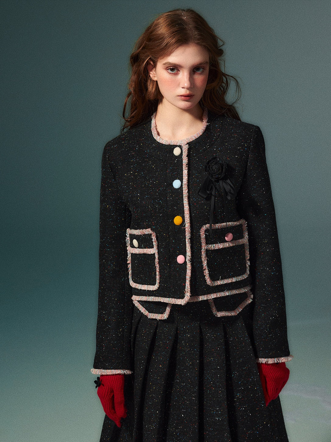 Colorful Dot No Collar Jacket & Pleated Skirt