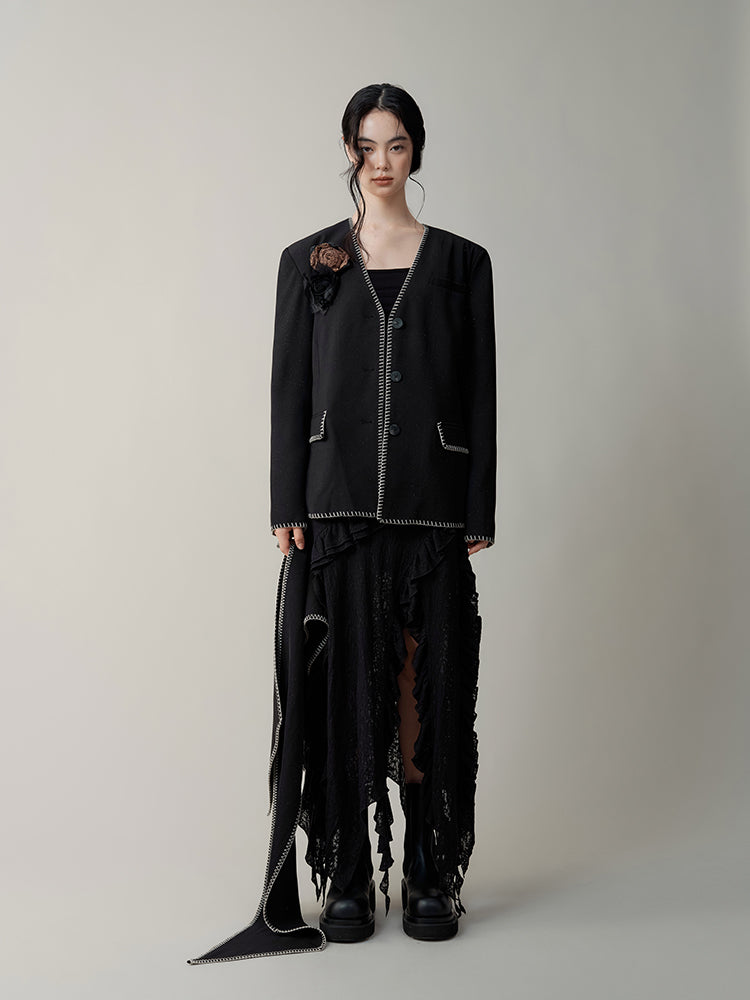 Embroidery Loose V-neck Short Jacket