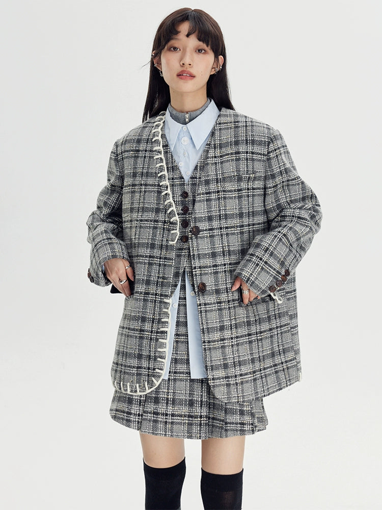 Woven Plaid No-Collar Jacket & Vest & Pleated Skirt