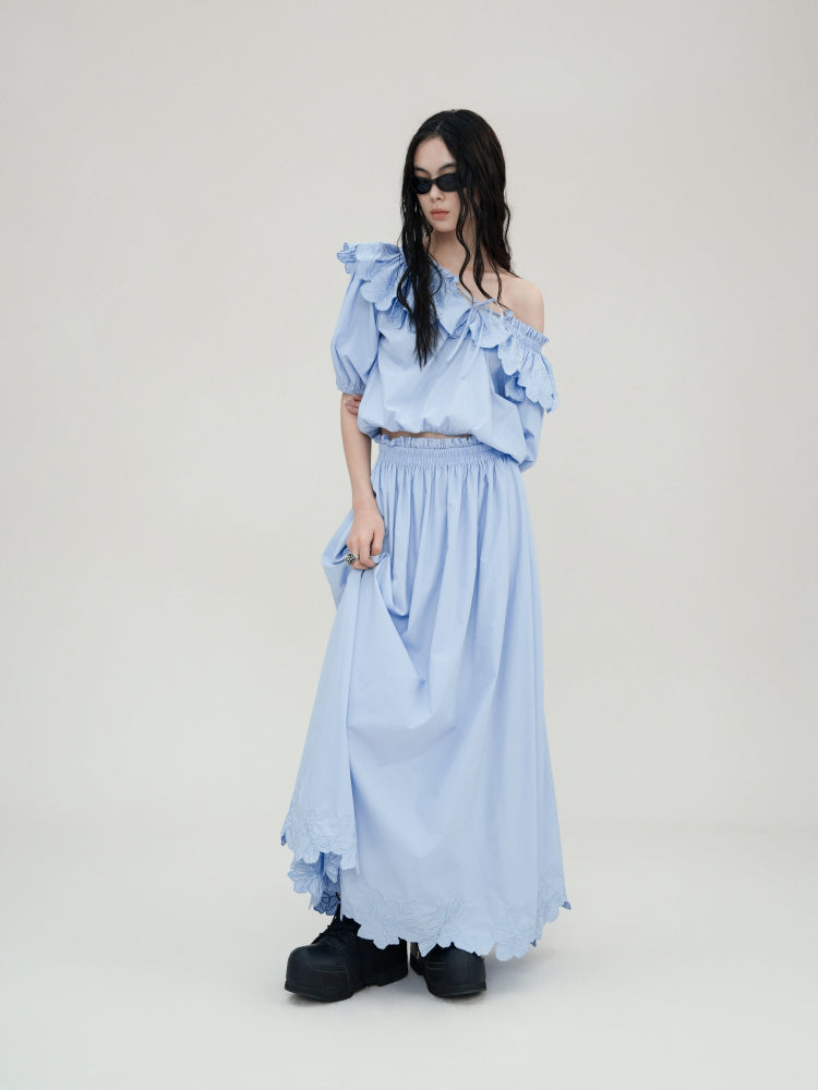 Carved Flower Lace Off-Shoulder Top & Embroidered Skirt