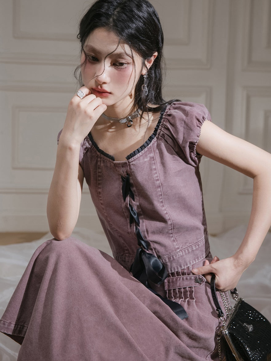 Washed Denim Lace-Up Top & A-Line Skirt Set-up