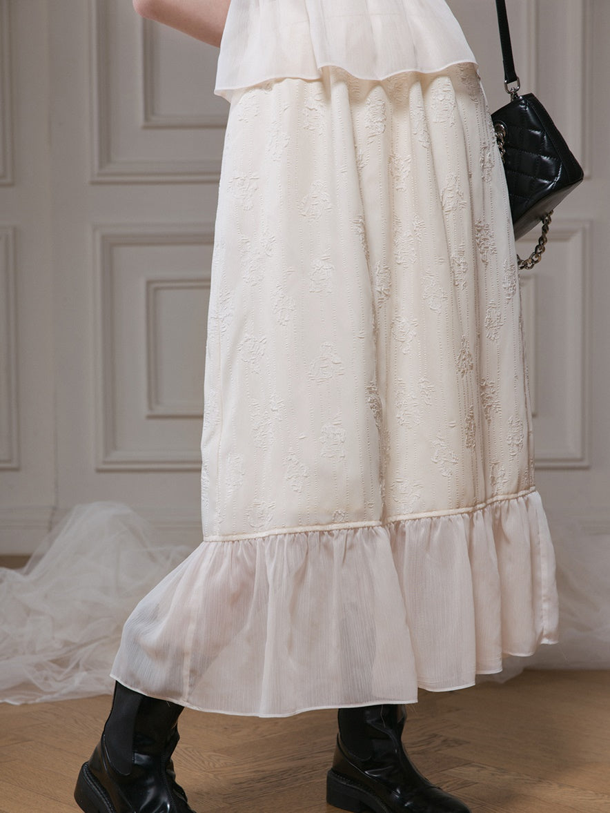 Jacquard Gauze Switching Camisole Top & Ruffle Skirt Set-up