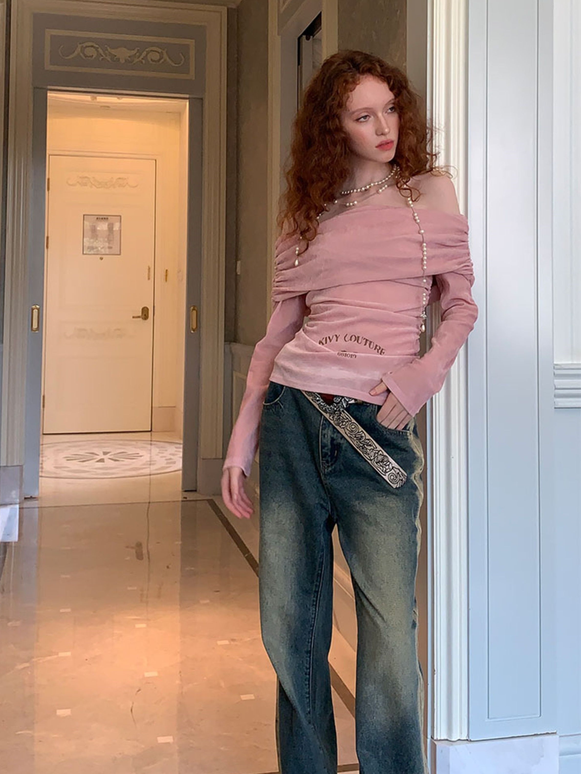 원라인 칼라 벨벳 프린트 스트레치 보텀 셔츠