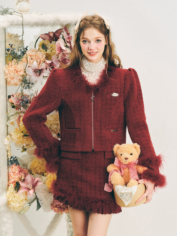 Fur Trimming Stitch Tweed No-Collar Jacket ＆ Skirt – ARCANA ARCHIVE