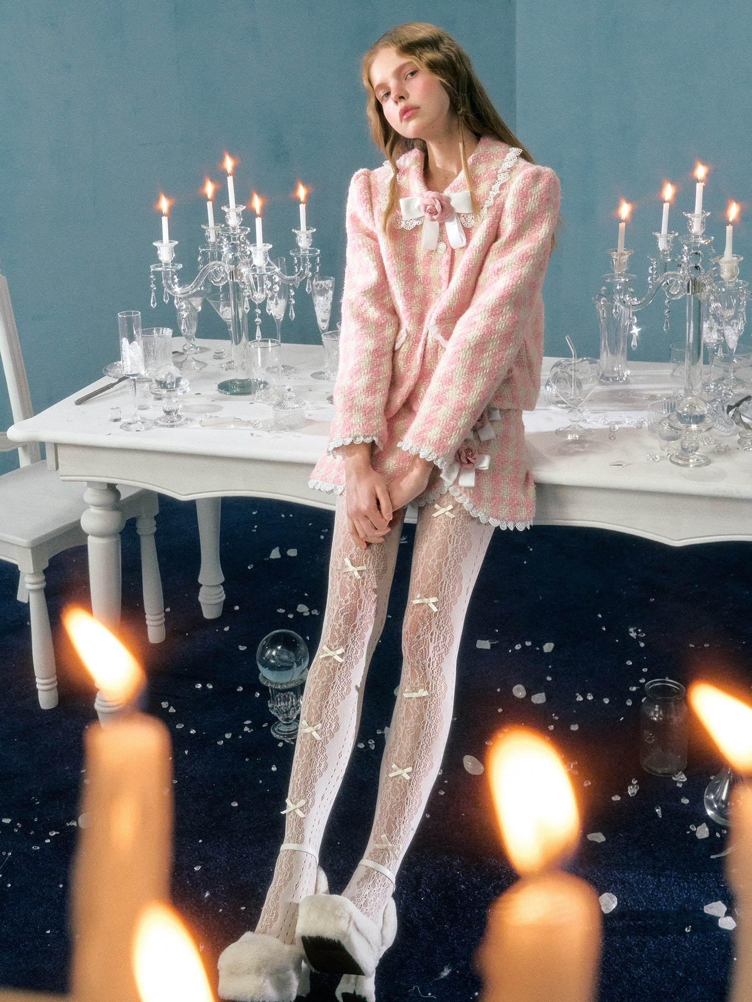 Plaid Bow Flower Brosche Spee Paded Short Jacket & Rock