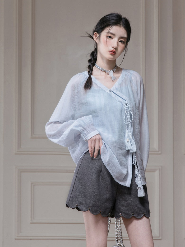 Oblique Placket Tie Sheer Shirt & Camisole Set-up
