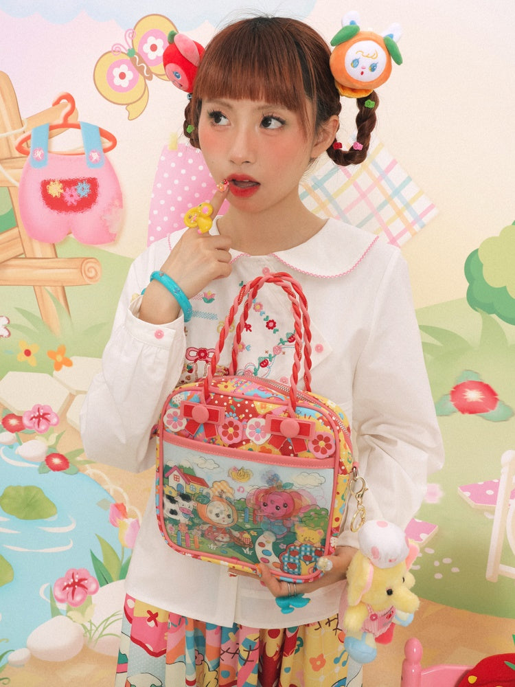 격자 무늬 플래시 카드 풍경 PU 트위스트 핸드백