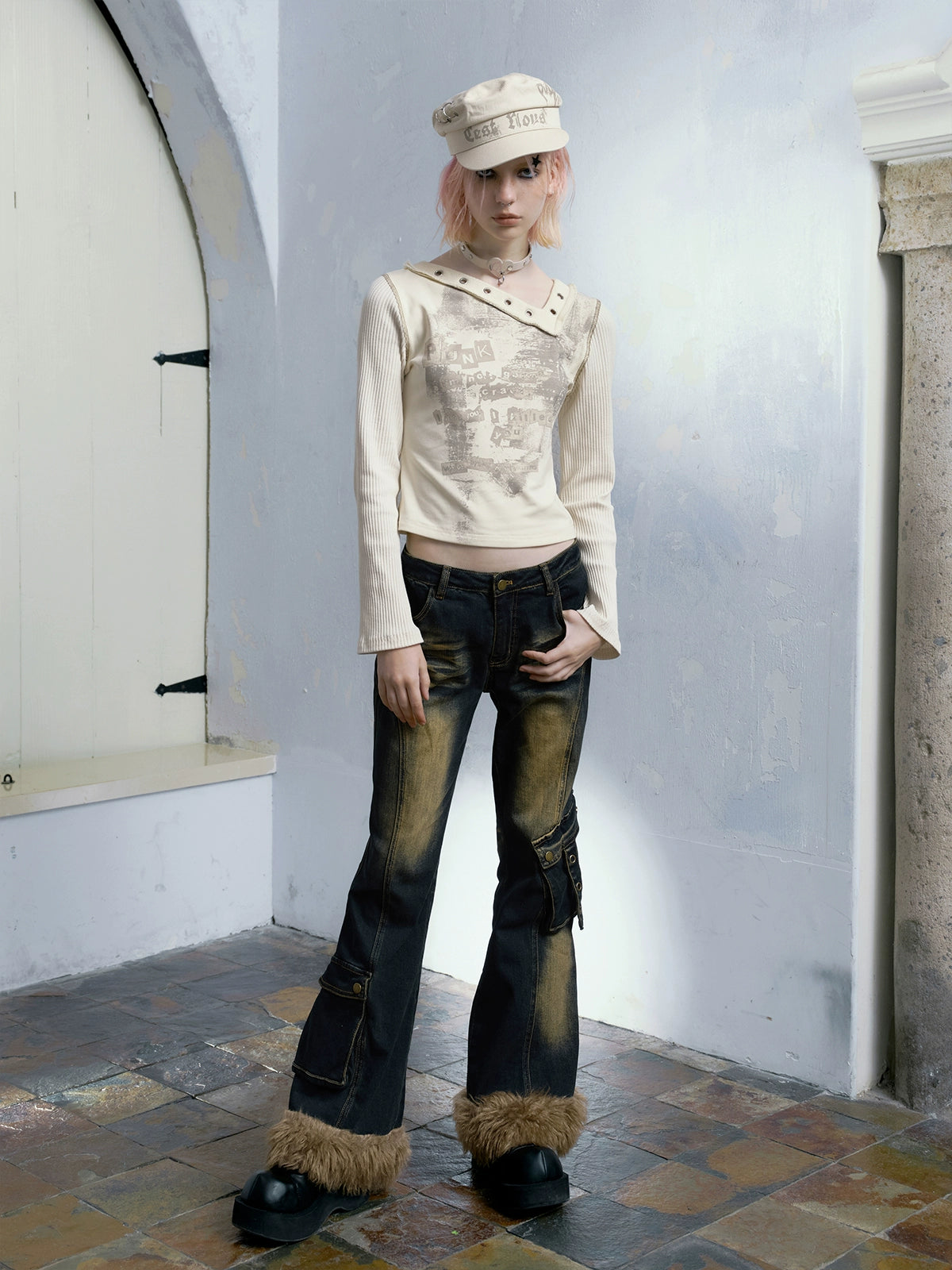 Fur Stitch Washed Distressed Denim Flare Pants