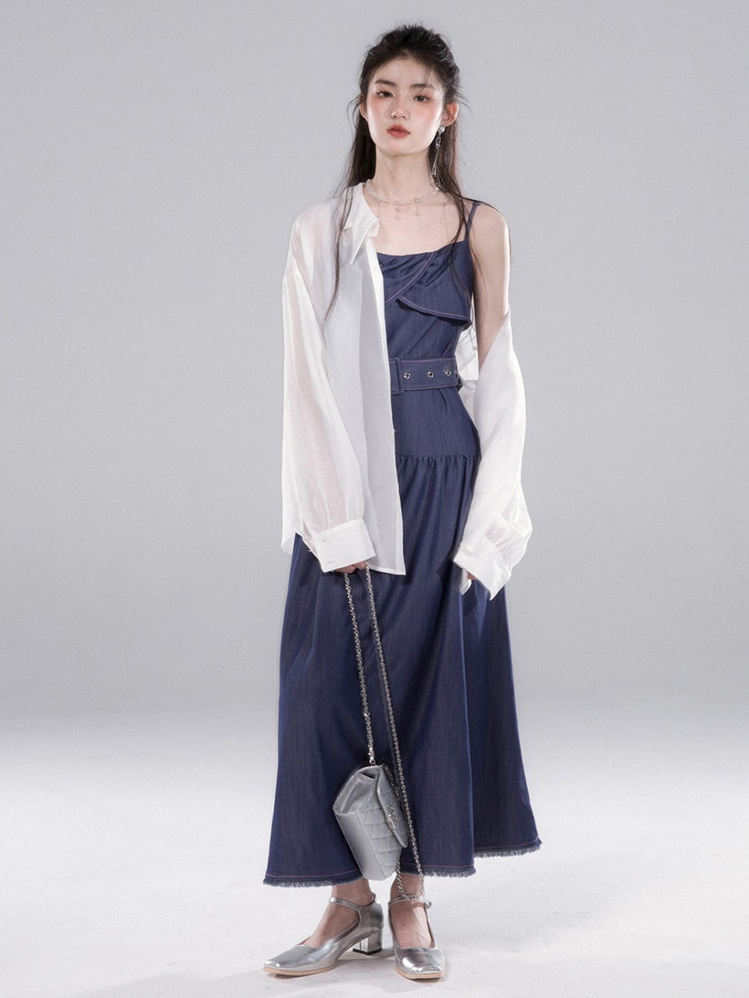 이동식 짧은 슬리브가있는 긴 슬립 라인 드레스