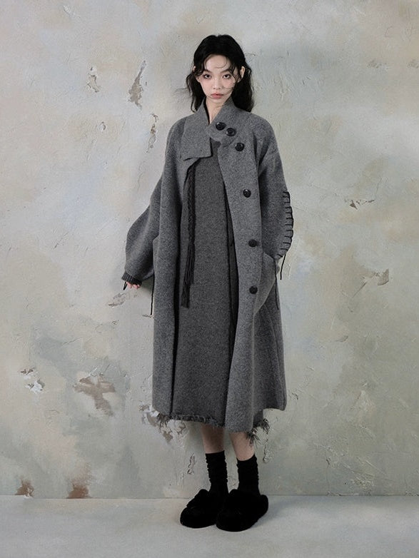 High-Neck Loose Long Soft Waxy Coat