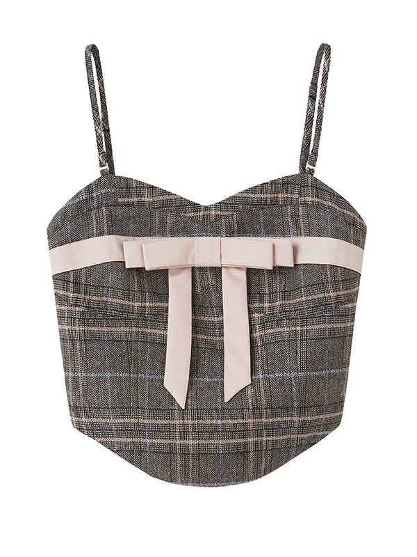 체크무늬 리본 크롭트 캐미솔 & 롱 스커트