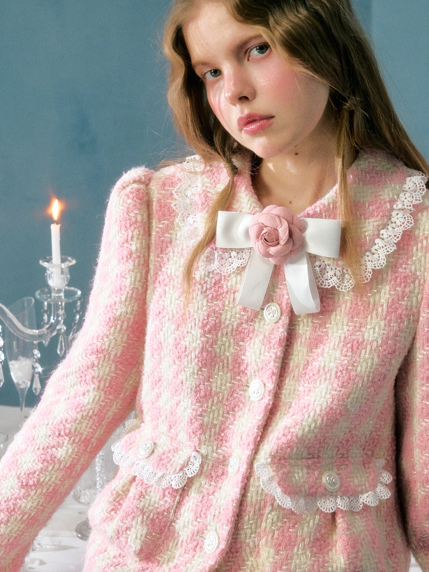 Plaid Bow Flower Brosche Spee Paded Short Jacket & Rock