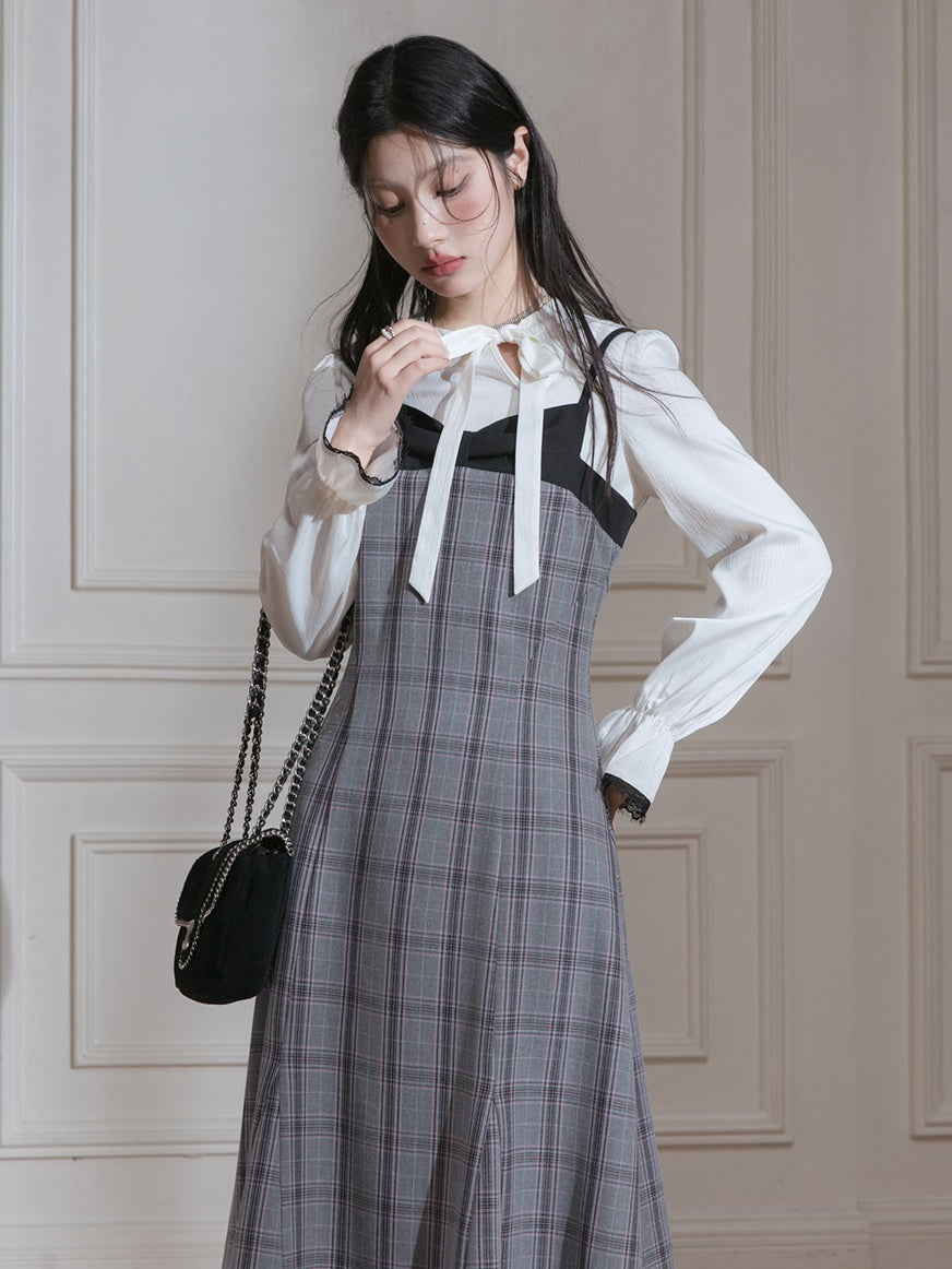 Plaid Suspender Jupe et Bow Tie Pullover Configuration