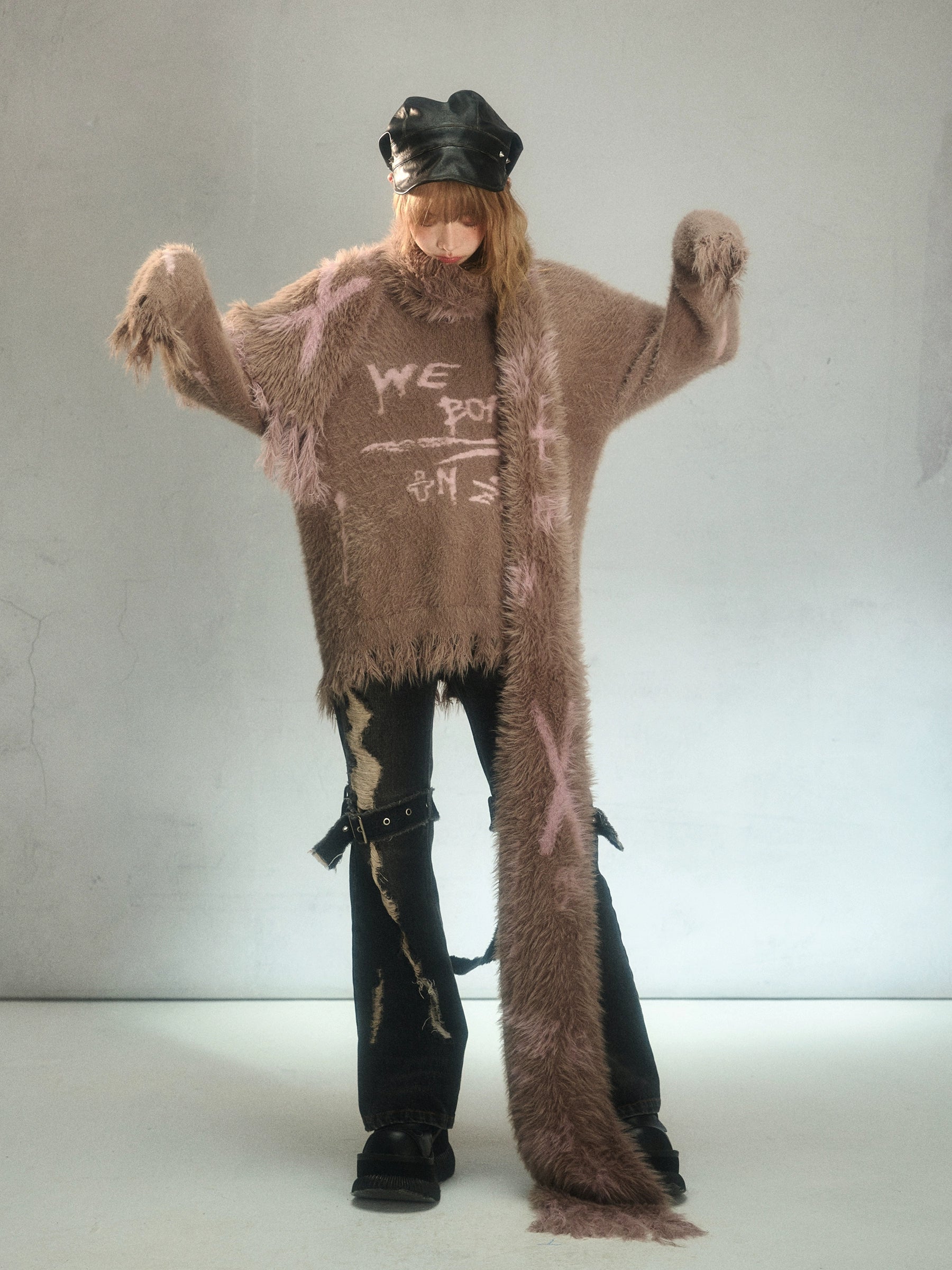 Punk Raw Edge Ripped Holes Flared Denim Trousers