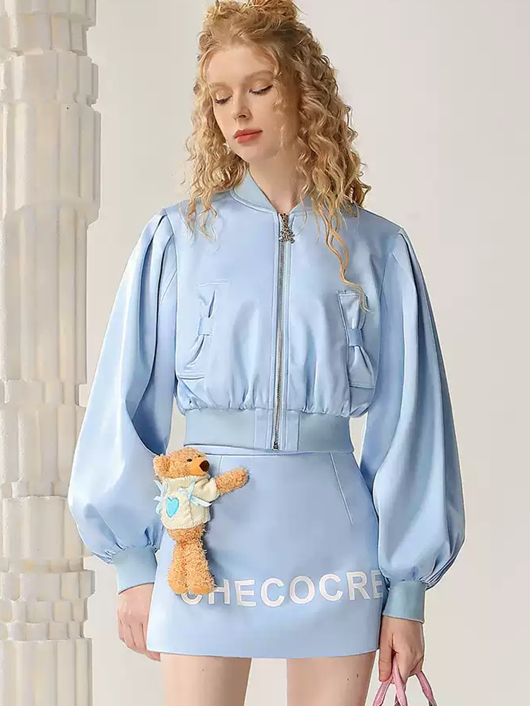 Parka&Mini-Skirt Casual Letter Balloon-Sleeve Set-Up