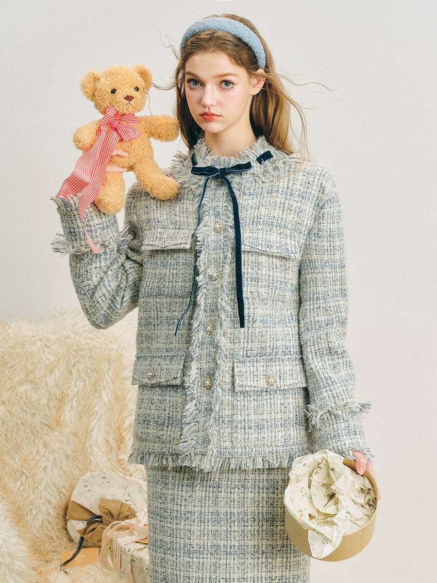Loose Silhouette Tweed No-Collar Jacket & Mid-Length Skirt