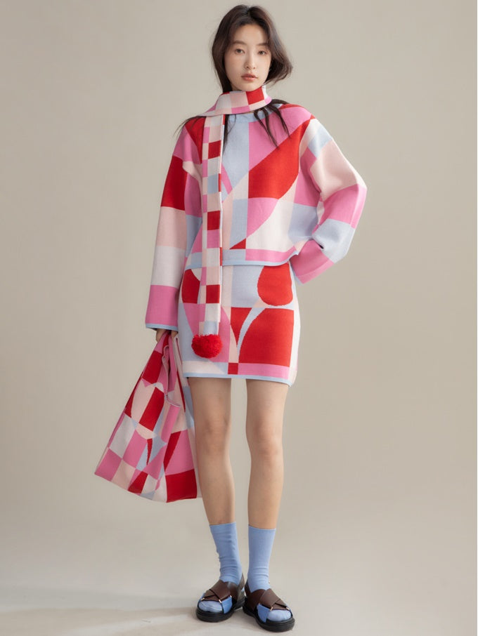Mosaic Plaid Tulip Stole& Handbag & Knitted Sweater & Skirt