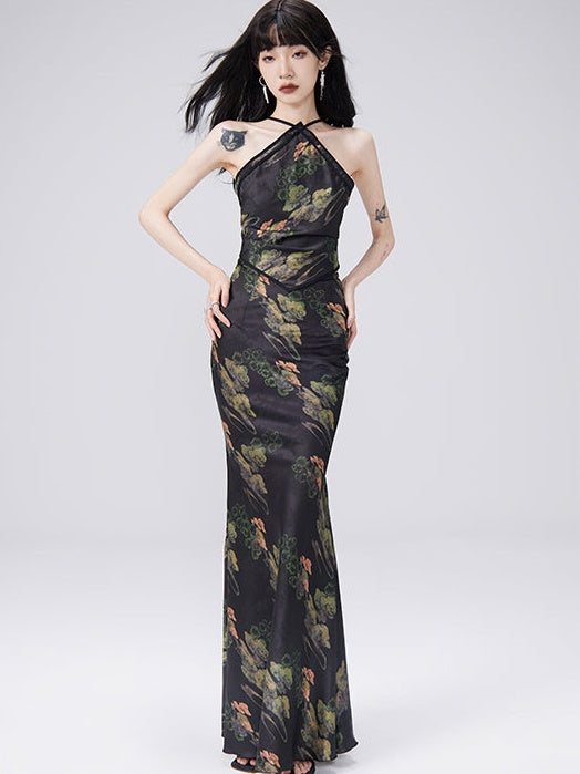 Design chinois ouvert Sangle Back Top et sirène longue jupe