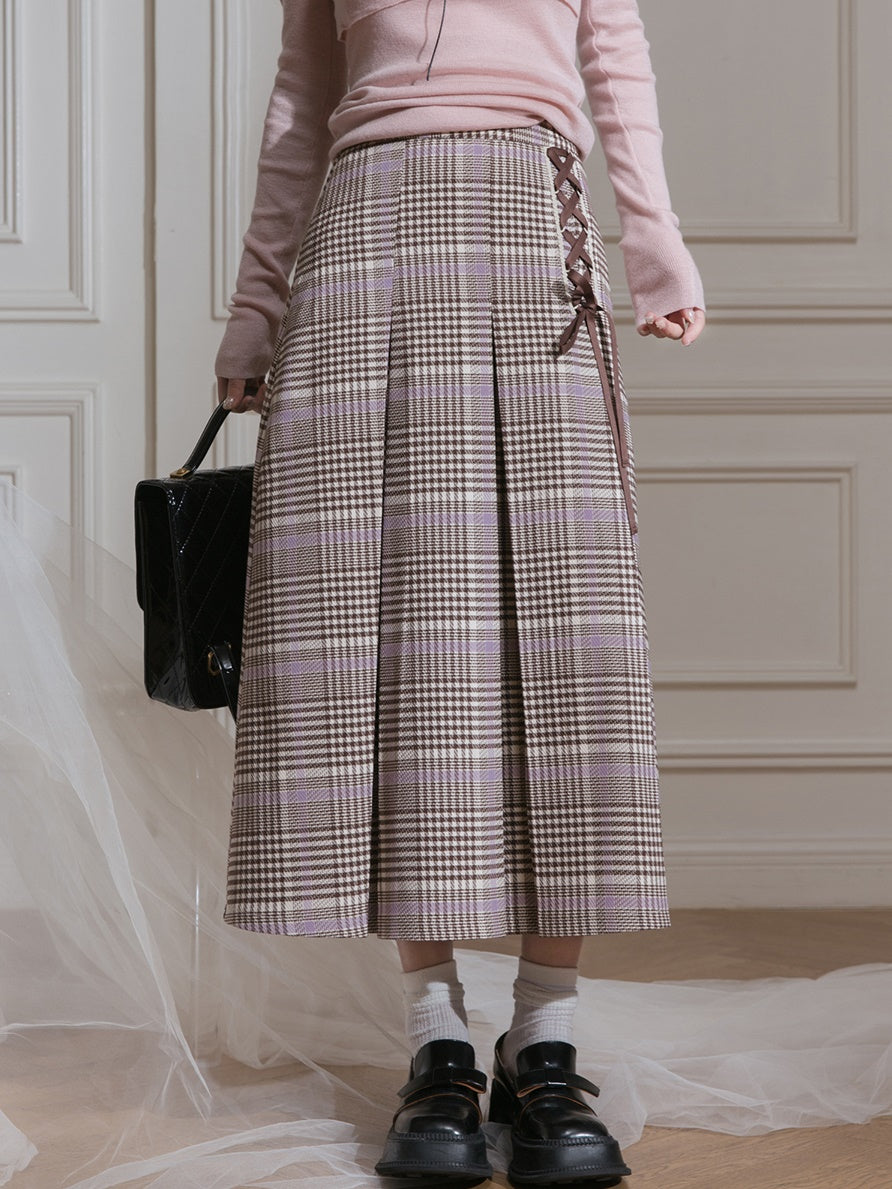 Navy Collar Plaid Short Jacket & A-Line Pleated Skirt