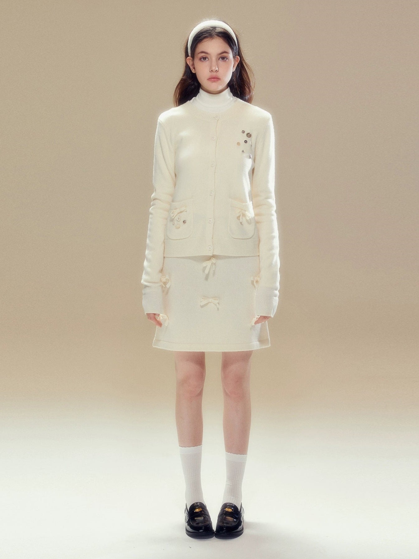 Button Accent Knitted Cardigan & Ribbon Skirt
