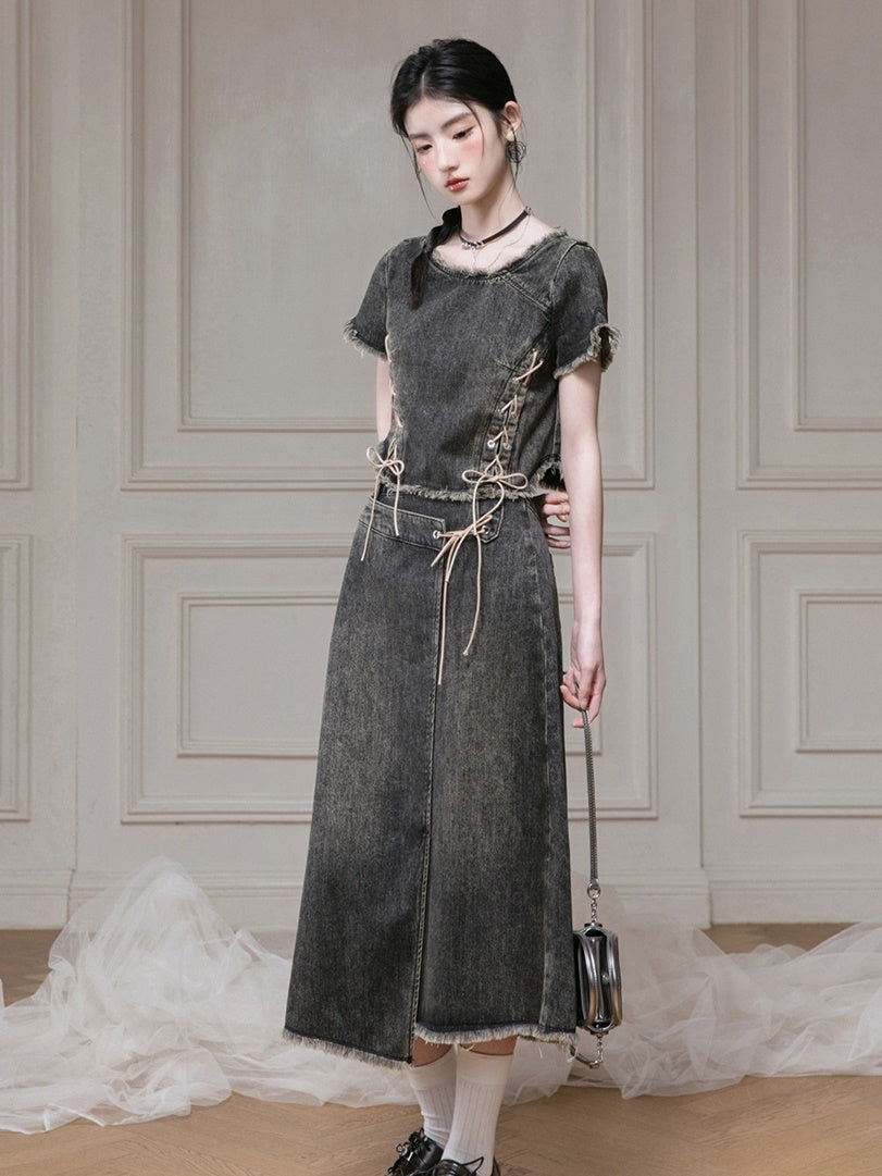 Distressed Washed Denim Lace-Up Top & Wrap Skirt Set-up