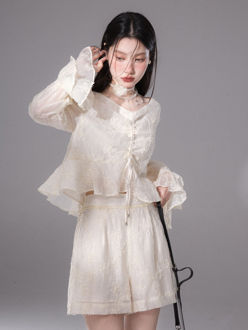 Blumengestickte Kordeltresshemd & Shorts Setup