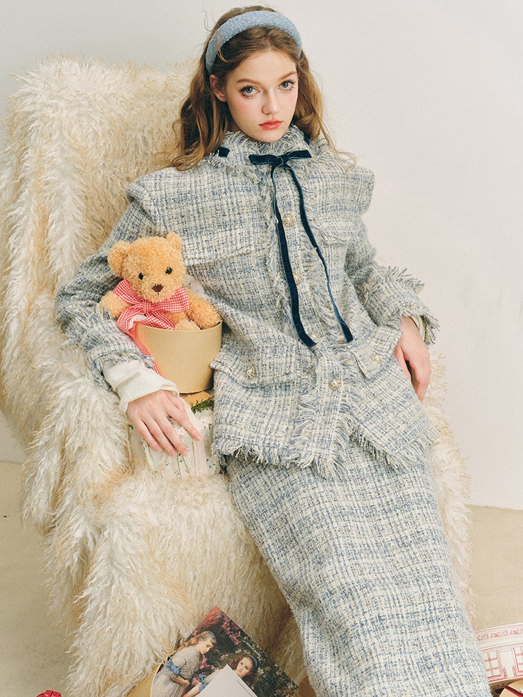 Loose Silhouette Tweed No-Collar Jacket & Mid-Length Skirt