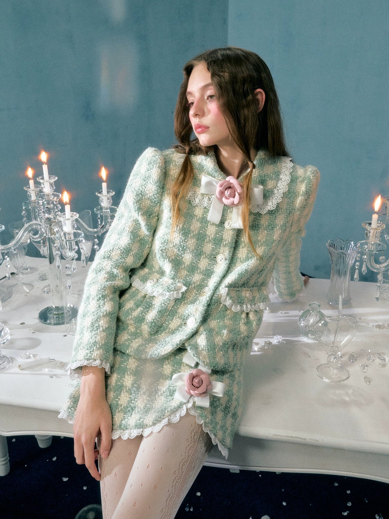 Plaid Bow Flower Brooch Lace Padded Short Jacket & Skirt