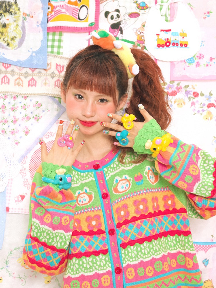 스트라이프 버니 체크 라운드 넥 니트 가디건