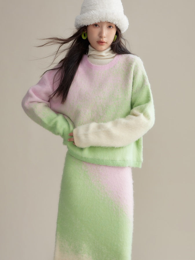 Gradient Color Sweater & Knitted Long Skirt