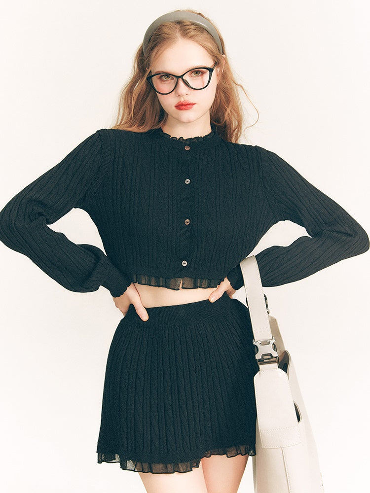 레이스 트리밍 케이블 니트 가디건 & 스커트