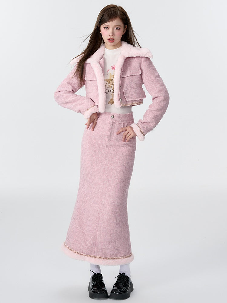 Contrast Color Fur Collar Tweed Padded Jacket & Skirt