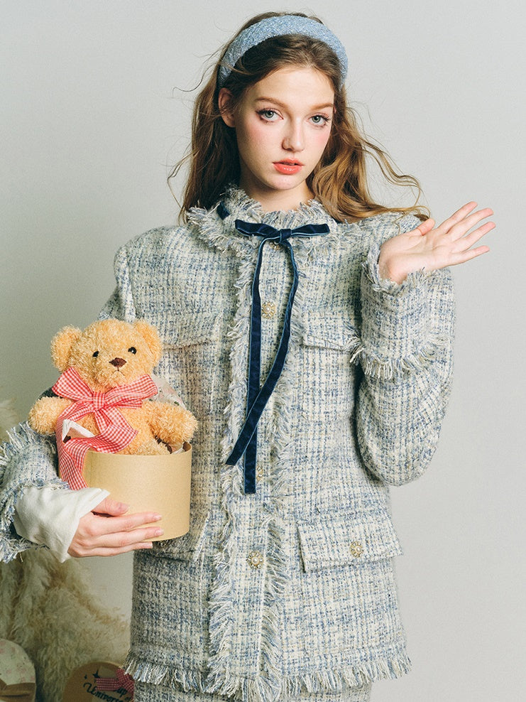 Loose Silhouette Tweed No-Collar Jacket & Mid-Length Skirt