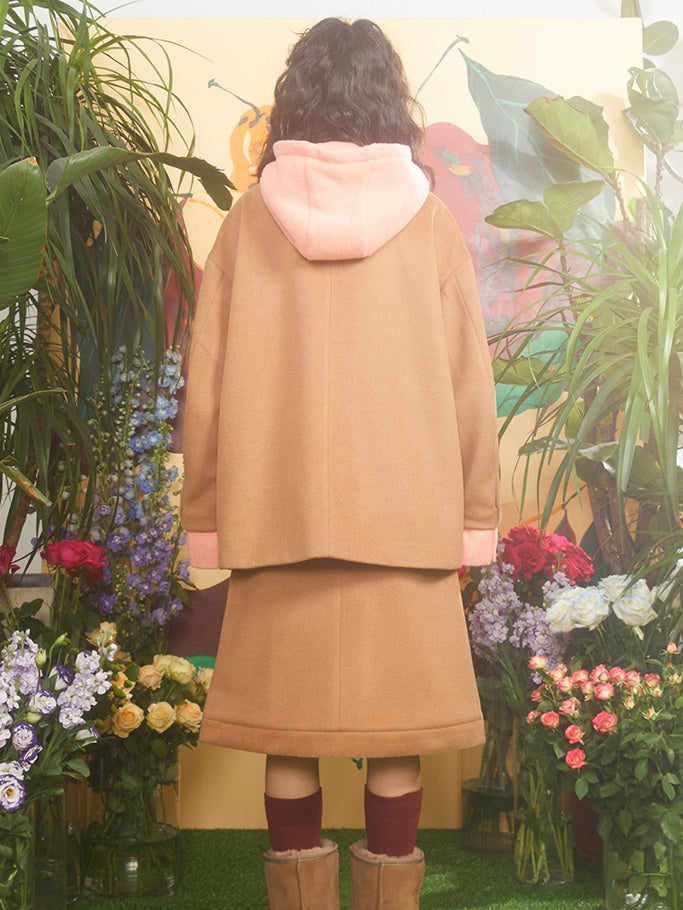 Apple Embroidered Fake Two-piece Patchwork Hooded & A-line Skirt