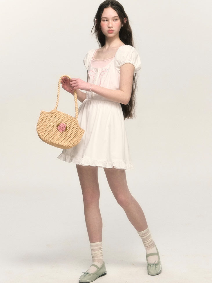 French Retro Bow Embroidery Puff Sleeve A-line One-piece