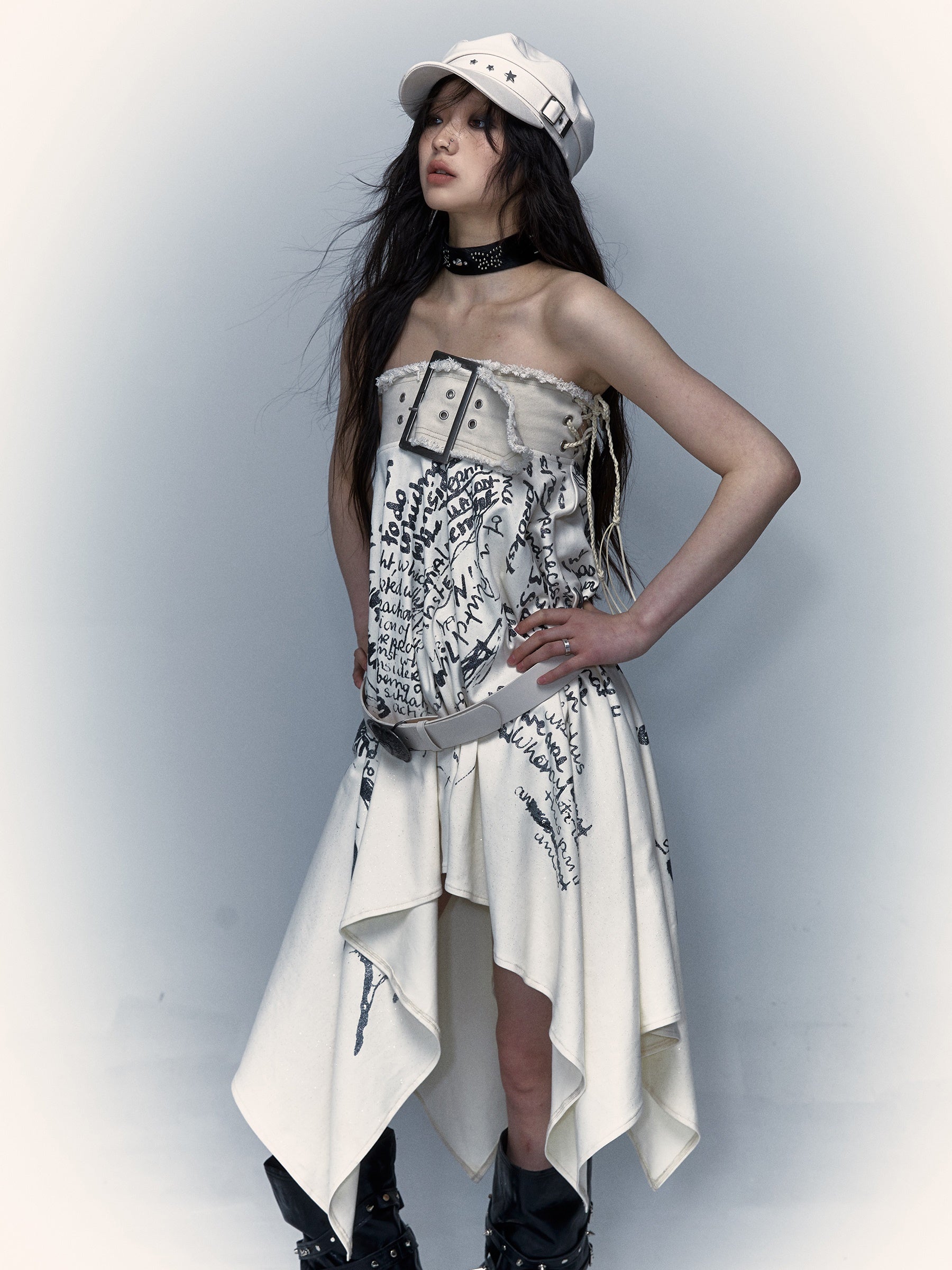 Print 2way Bare-top Belted Skirt