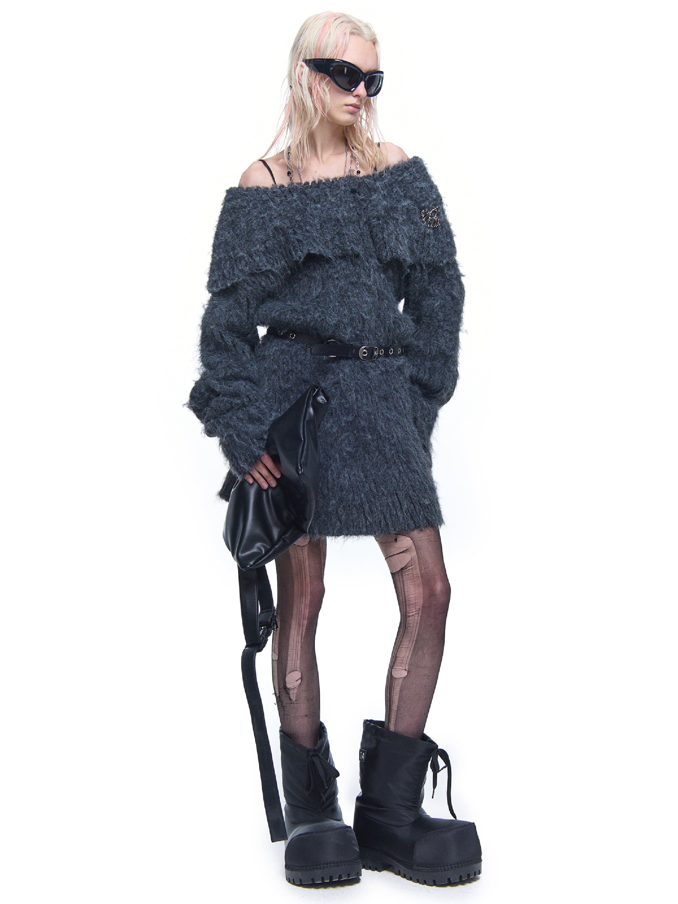 Off-Shoulder Knitted Loose Fluffy One-piece