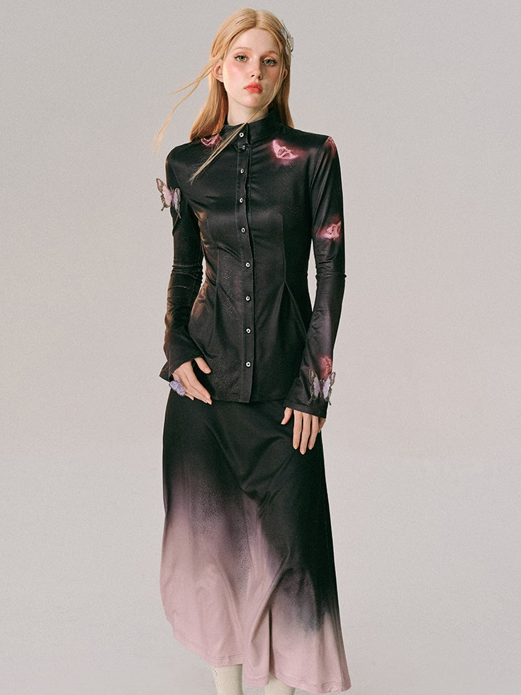 Butterfly Gradient Neon Print Shirt & Long Skirt