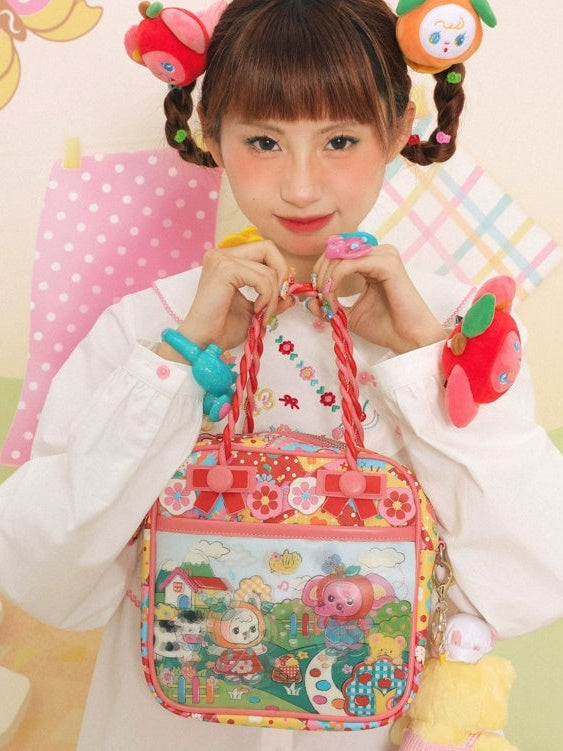 격자 무늬 플래시 카드 풍경 PU 트위스트 핸드백