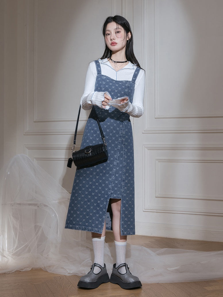 Raw Edge Jacquard Denim Jacket & Butterfly Suspender Skirt