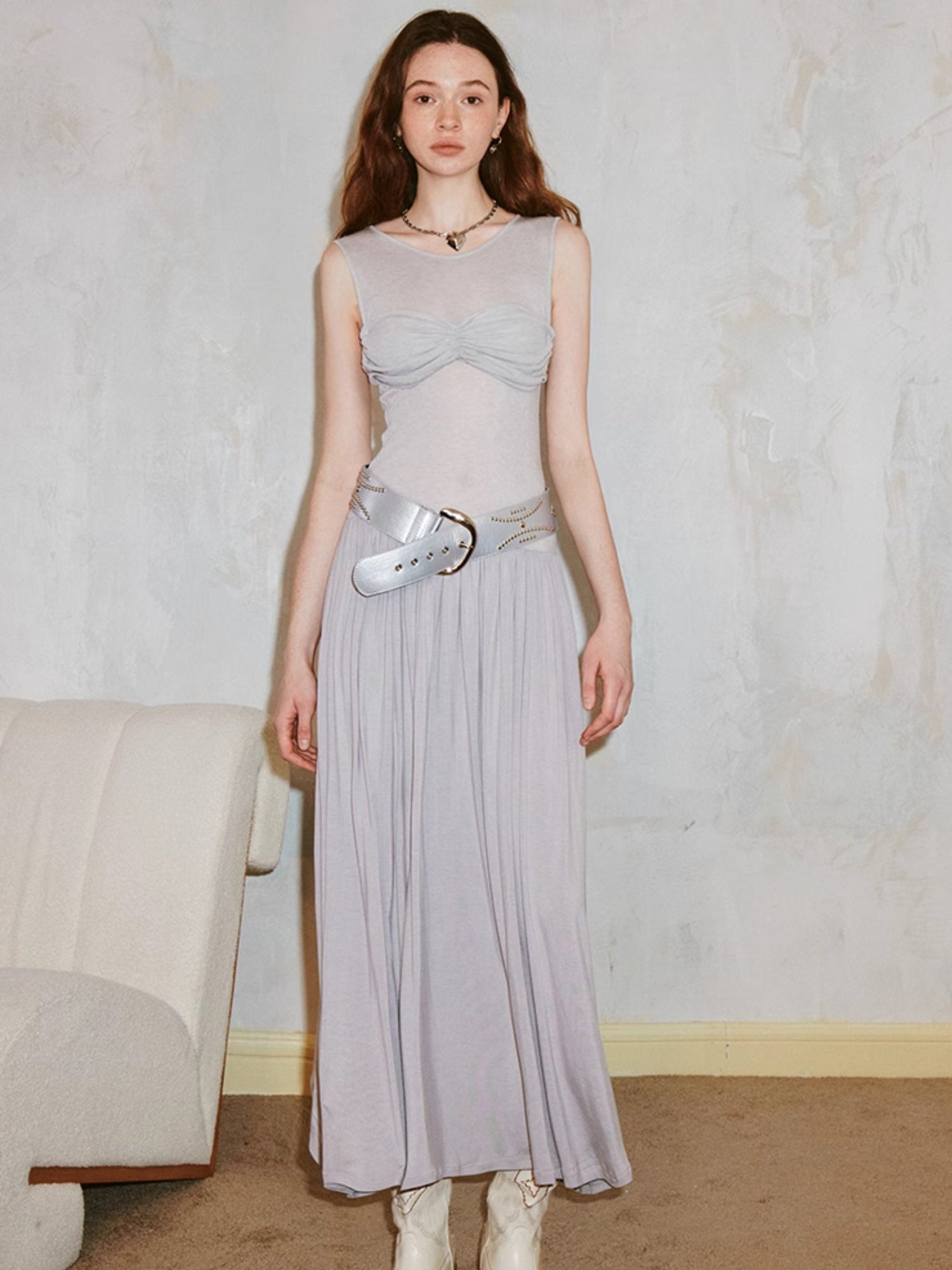 Pleated Draped Sheer Sleeveless Long Dress