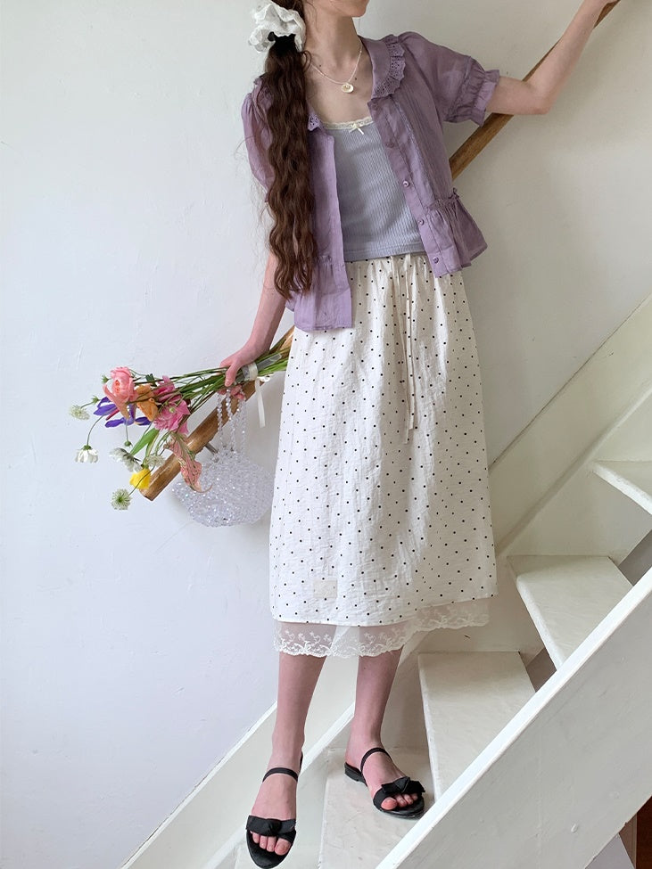 Polka Dot Lace Drawstring Elastic Waist Midi Skirt