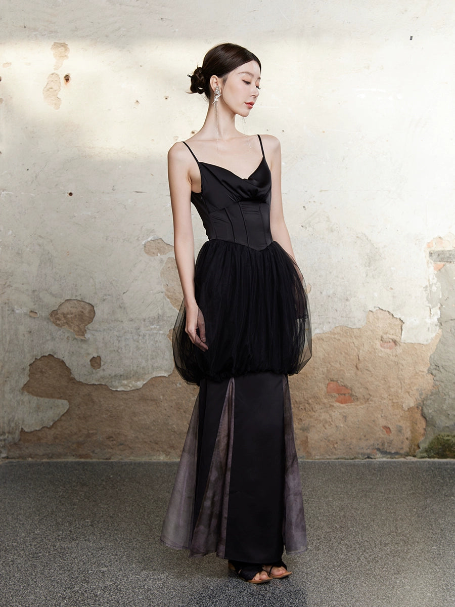 메쉬 꽃 새싹 미끄러짐 긴 드레스