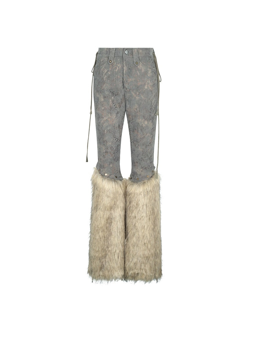 Removable Fur Splicing Snake Pattern Cropped Pants