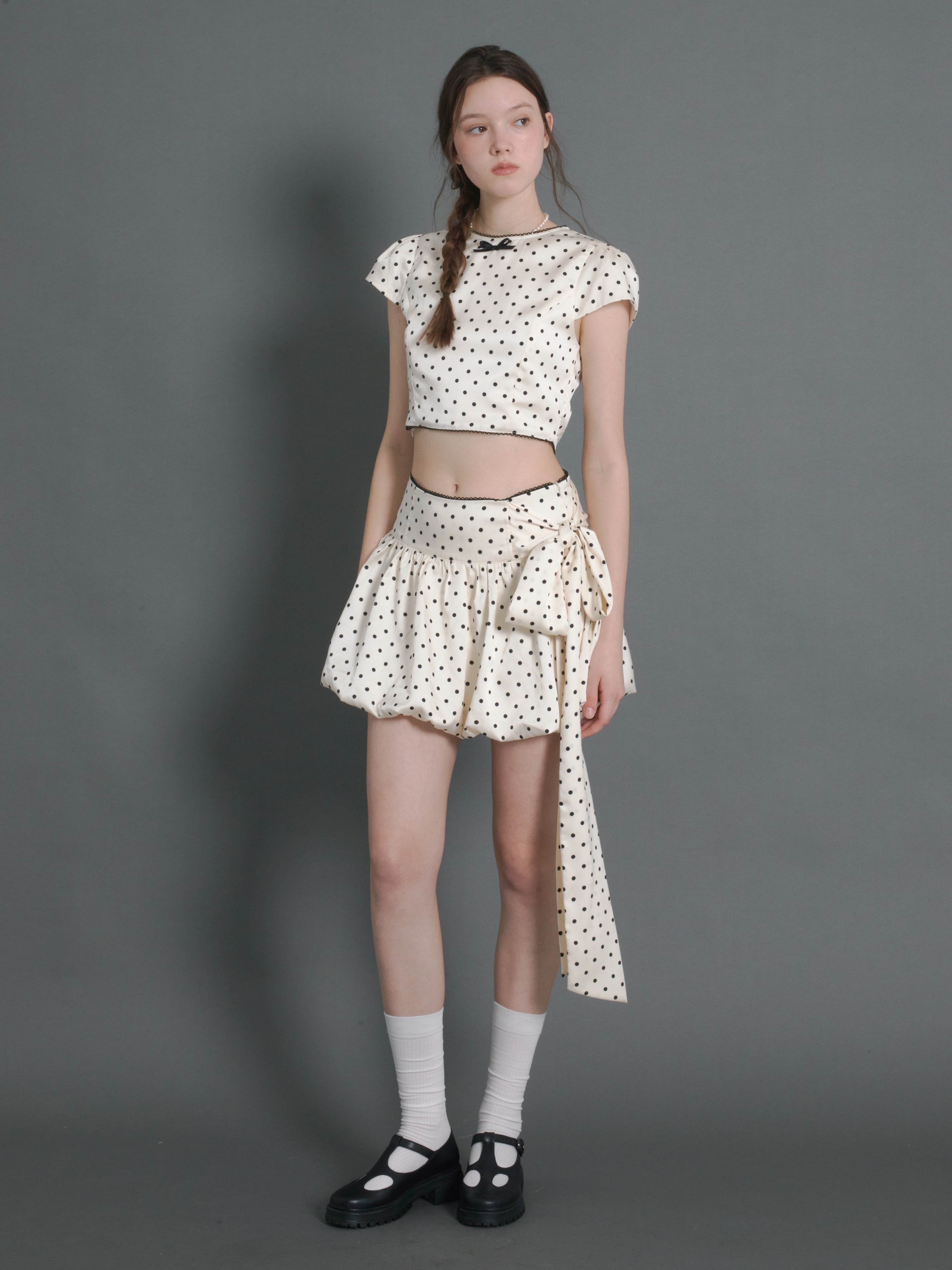 Polka Dot Short Sleeve Cropped Top & Ribbon Bud Skirt
