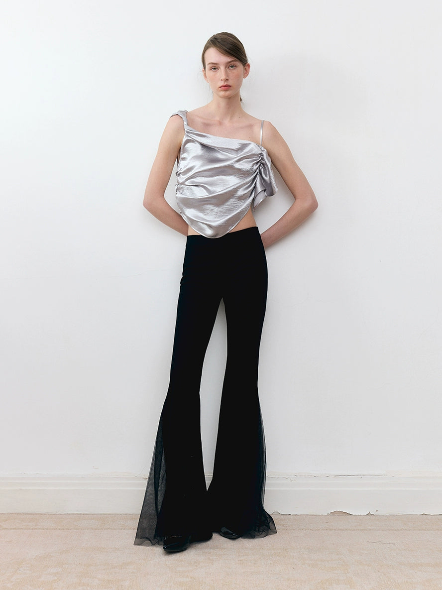 Knitted Patchwork Mesh Slim Fit Stretch Flared Pants